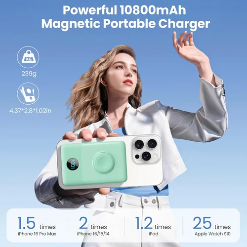 Miniatura 52 de Cargador portátil magnético de 10800 mAh para iPhone con cables integrados, cargador de batería inalámbrico 6 en 1 con cargador iWatch, pantalla LCD