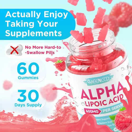 Miniatura 8 de MEENCCD Gomitas de ácido alfa lipoico de 600 mg - Suplemento ALA para apoyo antioxidante, vegano, sin azúcar, sabor frambuesa, 60
