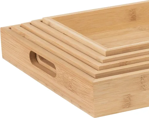 Miniatura 4 de Bandeja de bambú para servir decoración de bambú – Bandeja de bambú de desayuno anidado de cinco piezas – Bandejas de madera para organizar