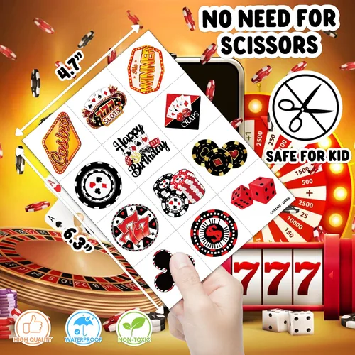 Miniatura 6 de 96 piezas de divertidos tatuajes temporales precortados de casino para niños, decoración de fiesta de cumpleaños, suministros de decoración, lindas