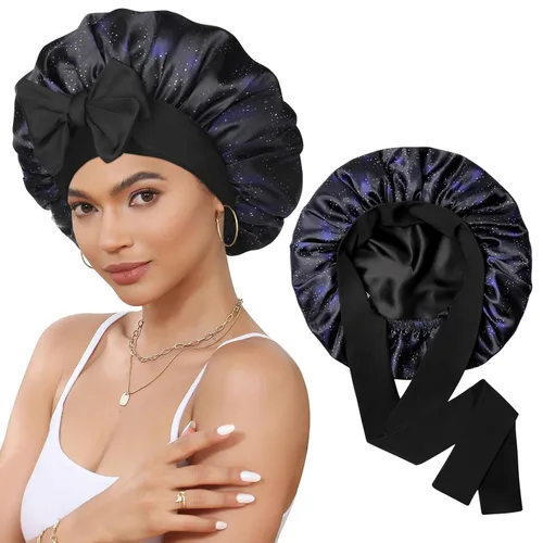 Miniatura 28 de Gorro de satén de seda para dormir, gorro de seda de doble capa con banda elástica para cabello rizado Negro+marrón
