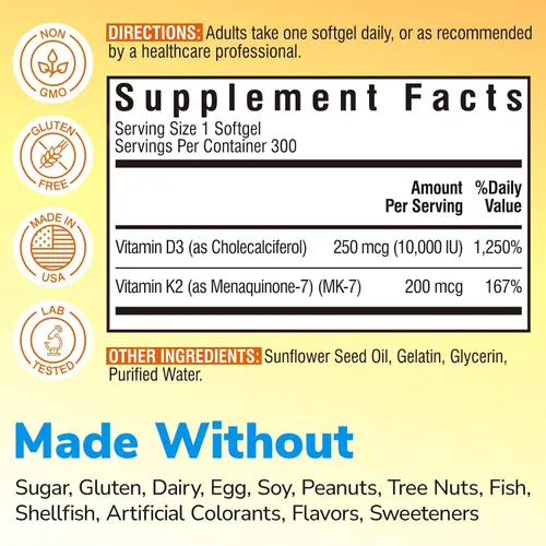 Miniatura 2 de Vitalibre Suplemento de vitamina D3 K2, 10000 UI D3 / 200 mcg K2 MK7, absorción de calcio, hueso, corazón, apoyo inmunológico y estado de ánimo