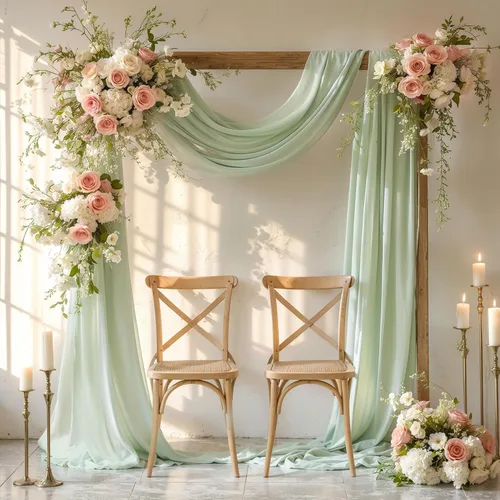 Miniatura 3 de Tela drapeada para arco de boda de 28 x 19 pies, telón de fondo de tela de gasa transparente, 2 paneles de cortinas verde salvia para decoración