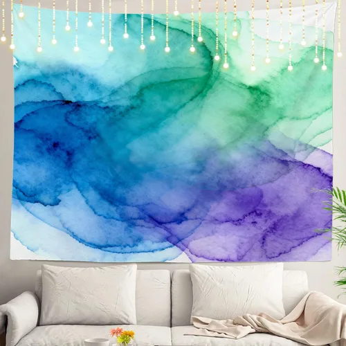 Miniatura 59 de Shrahala Tapiz de pared azul brillante, acuarela azul degradado para colgar en la pared, tapiz grande decorativo de fibra de poliéster, dobladillo
