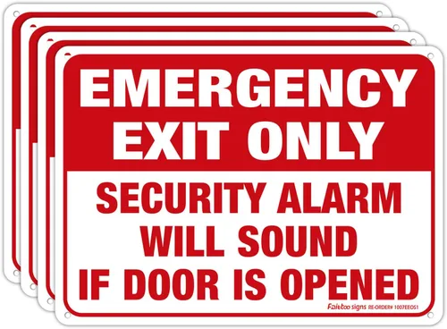 Solo salida de emergencia: alarma de seguridad sonará si la puerta está abierta, paquete de 4, 10 x 7 pulgadas, aluminio libre de óxido, protección