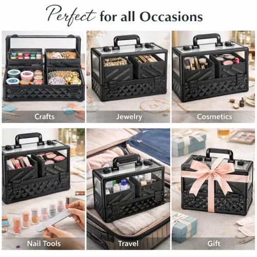 Miniatura 8 de Ver Beauty Estuche de tren de maquillaje de diamante negro con 6 bandejas de acordeón, organizador de cosméticos con cerradura