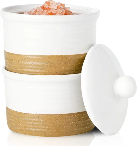 Miniatura 10 de Hasense Salero de cerámica con tapa, cuencos de sal y pimienta de 9 onzas, caja de sal apilable para encimera de cocina, decoración de cocina azul