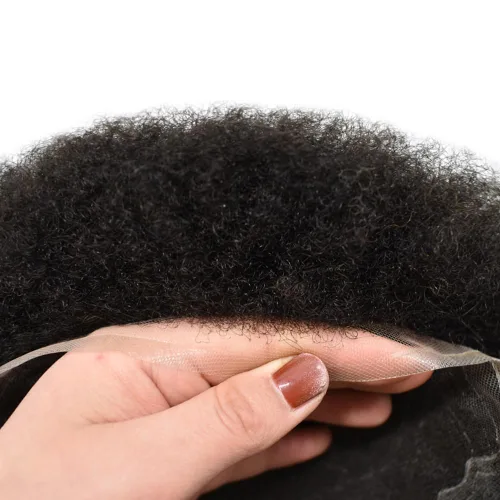 Miniatura 2 de Afro Toupee For Black Men Black Human Hair Mens Toupee Full Lace Hairpiece African American Wavy Kinky Hair System For Men 2MM Afro Wavy-#1 Jet Black