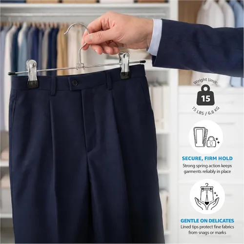 Miniatura 4 de Zober Perchas de metal para faldas – Paquete de 10 perchas para pantalones con clips – Perchas apilables para ahorrar espacio – Clip ajustable