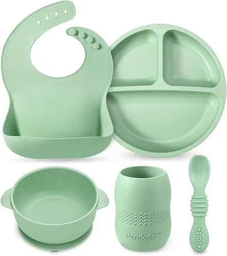 PandaEar Juego de alimentación de silicona para bebés de 6 a 12 meses | Suministros de destete LED - Babero + plato con ventosa + taza + cuencos y
