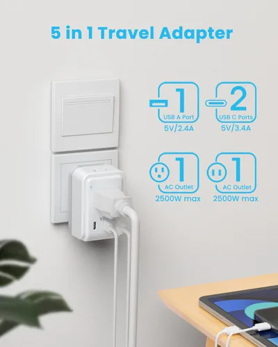 Miniatura 3 de VINTAR - Kit de adaptador de viaje universal, adaptador de enchufe internacional con 3 puertos USB (2 USB C, 3.4 A) y 2 salidas americanas, tipo A