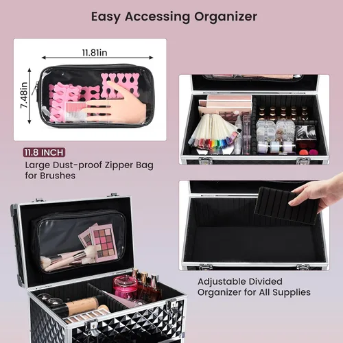Miniatura 2 de Estuche de maquillaje profesional con cajón para artistas de maquillaje, estuche de tren cosmético, estuche de almacenamiento grande para técnicos