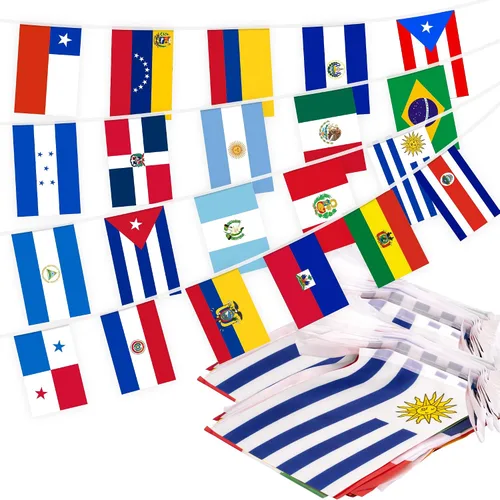 Paquete de 2 banderines de bandera de América Latina con los 21 países, mini banderas pequeñas, pancartas de bandera latina para el mes hispano del