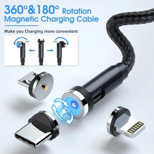 Miniatura 2 de 7 unidades de cable de carga magnético giratorio de 540 con 3 en 1, cable magnético telefónico de nailon trenzado de 1,6 pies/3 pies/3 pies/3 pies/6