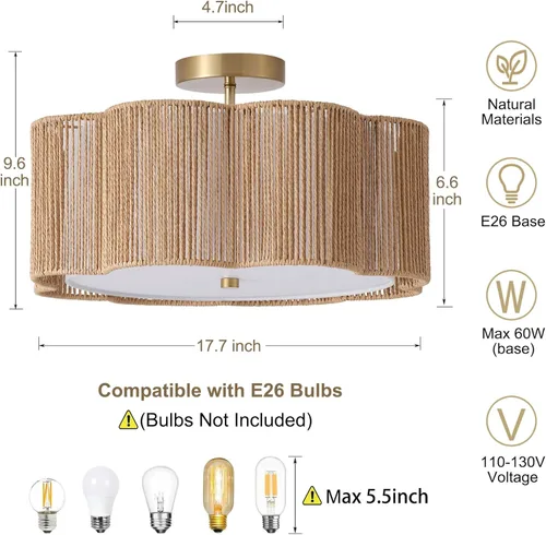 Miniatura 2 de Lámpara de Techo Empotrada de Ratán de 17.7", Luminaria de Techo Boho de 3 Luces Cerca del Techo, Lámpara de Techo de Ratán para Dormitorio, Amarillo