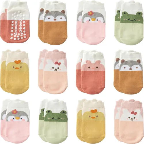 Calcetines con Agarre Antideslizantes de Algodón para Bebés y Niños Pequeños, Niños y Niñas, Paquete de 12 Calcetines de Tobillo Lindos para Niños