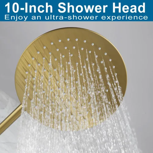 Miniatura 3 de Juego de grifo de ducha dorado cepillado de 10 pulgadas, cabezal de ducha de lluvia redondo y mango, sistema de ducha de lluvia para baño, accesorio