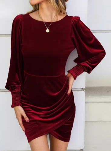 Miniatura 4 de YIJIU Vestido de terciopelo de manga larga para mujer, cuello redondo, ajustado, corto, fruncido, entallado, para cóctel, fiesta, club, mini vestidos