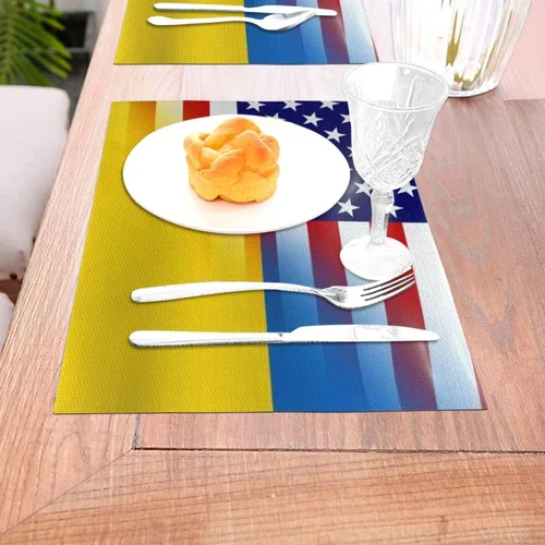 Miniatura 5 de Bandera estadounidense y bandera ucraniana, resistente al agua, paquete de 4 manteles individuales tejidos de PVC, diseño elegante, fácil protección