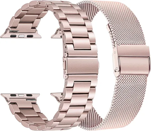 TRUMiRR Juego de bandas para Apple Watch Series 11 10 46mm / 9 45mm Rosa para mujeres, 2 paquetes de correa de acero inoxidable sólida + correa de