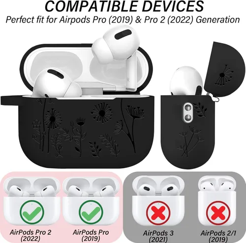 Miniatura 5 de Funda con grabado de flores compatible con AirPods Pro 2 2022, funda de silicona para AirPods Pro de 2ª/1ª generación con bonito llavero de flores