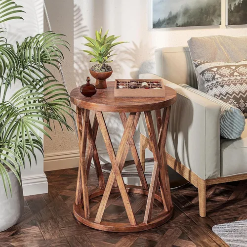 Miniatura 2 de COZAYH Mesa auxiliar de granja, mesa auxiliar redonda rústica con patas de motivos en X, parte superior texturizada de madera, para estilo bohemio