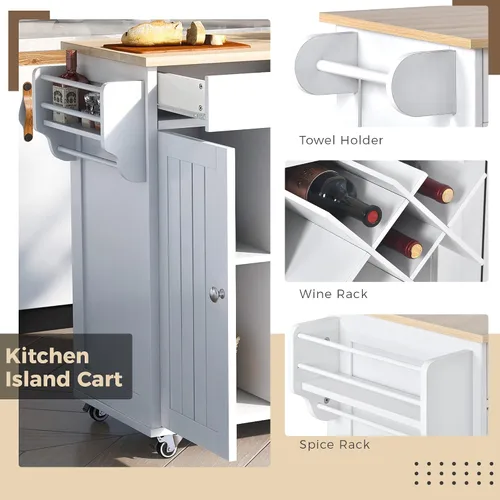 Miniatura 5 de Carrito de isla de cocina, moderno carrito móvil de isla de cocina con 2 armarios de almacenamiento y 4 ruedas de bloqueo, estante de vino, 2