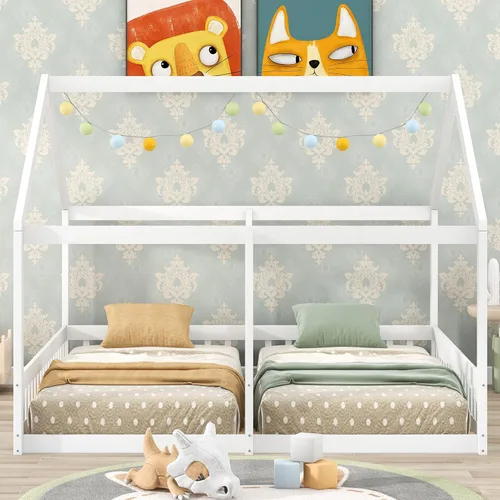 SOFTSEA Base de cama doble tamaño individual para niños, cama de plataforma lateral a lado, 2 camas individuales compartidas para niños, no necesita