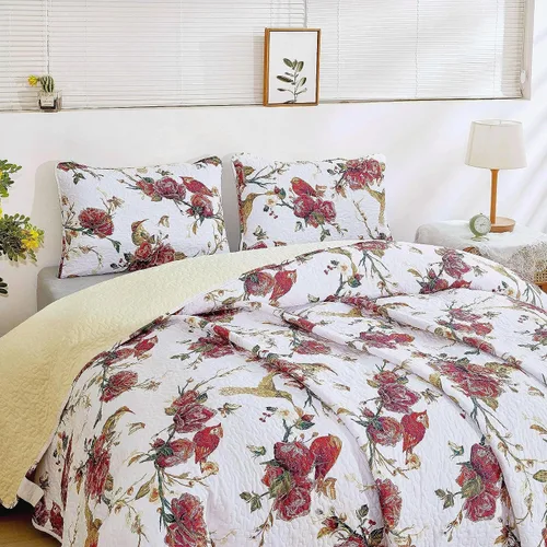 Miniatura 6 de Tache - Juego de colcha acolchada reversible con diseño floral rojo y blanco, diseño de colibríes dorados, color borgoña, marfil, antiguo, granja