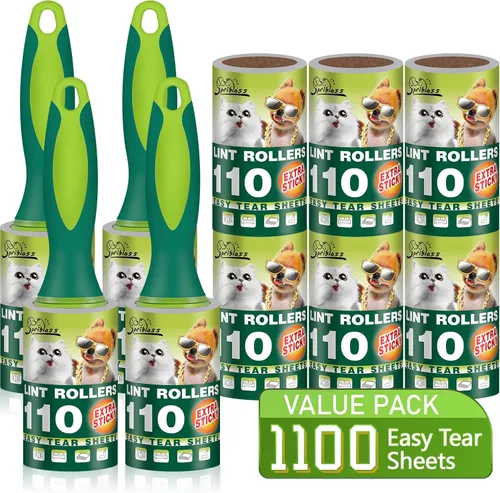 Rodillos de pelusa extra pegajosos para pelo de mascotas, 1100 hojas en total, 4 asas mejoradas con 10 repuestos, tamaño de viaje portátil para