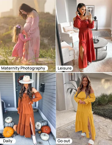 Miniatura 6 de ZESICA - Vestido largo, bohemio y sexy, con hombros descubiertos y manga larga fruncida, con elástico fruncido, cintura alta y abertura lateral