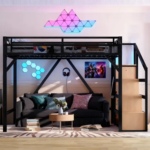 Miniatura 8 de Bellemave Cama tipo loft de metal tamaño Queen con escaleras de almacenamiento, estantes y armario, marco de cama tipo loft tamaño Queen con luces