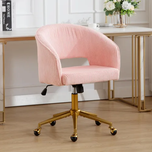 Miniatura 18 de ABET Silla de escritorio con ruedas, silla de terciopelo para oficina en casa, sillón giratorio con base dorada, sillas decorativas modernas Crema