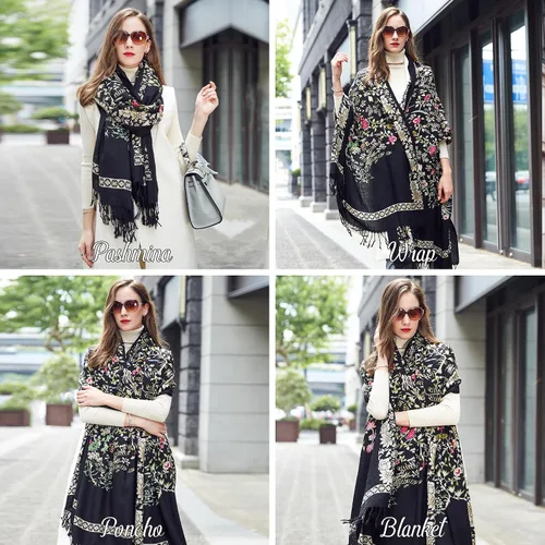 Miniatura 82 de DANA XU Manta de pashmina extragrande 100% de lana merina, bufanda de viaje, bufanda de cachemira para mujer, otoño e invierno, chal de gran