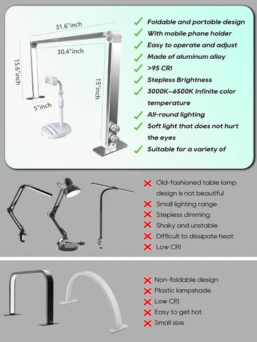 Miniatura 6 de STOLAS Nail Tech - Lámpara de manicura LED regulable de 4000 K-6000 K, luz de escritorio para tecnología de uñas, color plateado
