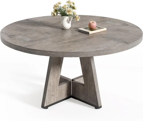 Miniatura 9 de LITTLE TREE Mesa de comedor redonda para 4-6 personas, mesa de comedor de 47 pulgadas con base de pedestal de madera, mesas de comedor marrones