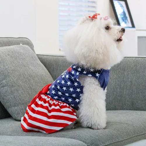 Miniatura 6 de CuteBone - Vestidos de terciopelo para perros del 4 de julio para perros pequeños, mono para mascotas, ropa para niñas, falda de cachorro con lazo