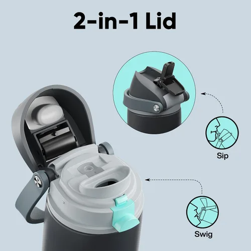 Miniatura 3 de ENCOOL Botella de agua aislada con popote, botella de agua de acero inoxidable con tapa de botón, a prueba de fugas y sin BPA, mantiene el frío Atún