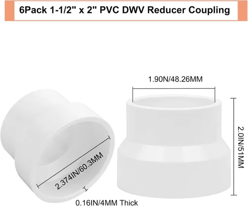 Miniatura 2 de Paquete de 6 adaptadores de acoplamiento reductor de PVC DWV de 2 pulgadas x 1-1/2 pulgadas (enchufe x zócalo) Schedule 40 PVC DWV Acoplamiento