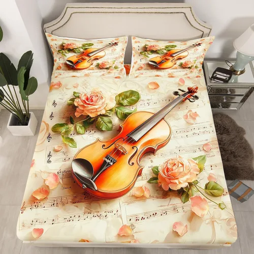 Miniatura 19 de Juego de sábana bajera ajustable para niños con diseño de guitarra eléctrica, estilo retro, diseño de notas musicales, decoración de habitación