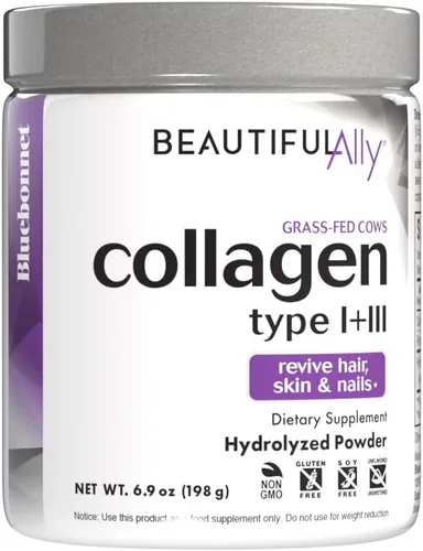 Bluebonnet Nutrition Beautiful Ally - Colágeno en polvo, colágeno hidrolizado de vacas alimentadas con pasto, péptidos de colágeno tipo 1 y 3, sin