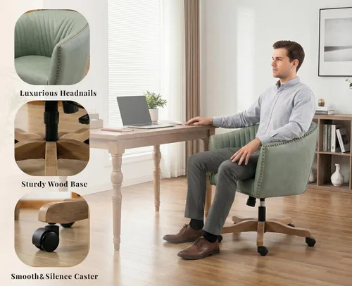 Miniatura 4 de Silla de escritorio de piel sintética verde, silla de escritorio tapizada giratoria con brazo ajustable con cabezas de clavos, cómoda silla