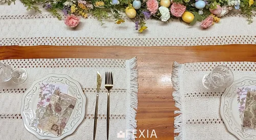 Miniatura 6 de FEXIA Juego de 4 manteles individuales bohemios, decoración de mesa de macramé y manteles individuales estilo granja, de arpillera de algodón Crema