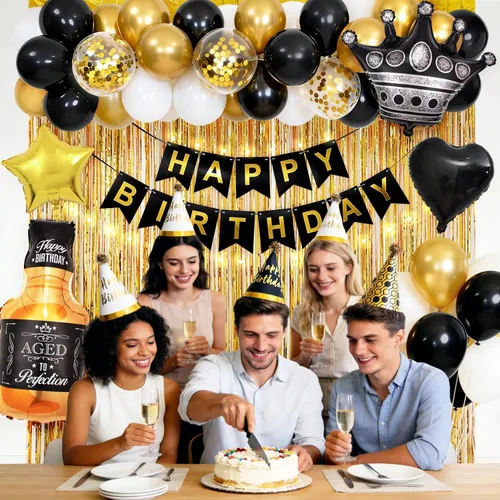 Miniatura 2 de Decoraciones de cumpleaños negras y doradas con pancarta de feliz cumpleaños, cortinas, botella, corona, globos de estrella de corazón y luz LED