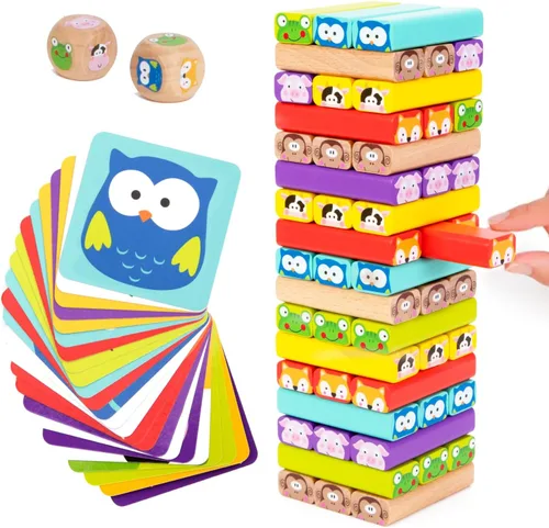 Nene Toys Juego de Torre Tambaleante de Madera con Animales y Colores, Juego de Mesa Educativo Familiar 4 en 1 para Niños de 3-9 Años, Potenciador
