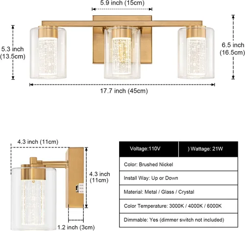 Miniatura 2 de SineRise Lámpara de tocador dorada de 3 luces con 3 modos de color (3000K/4000K/6000K), Accesorio de luz LED para baño con protección ocular, Luz