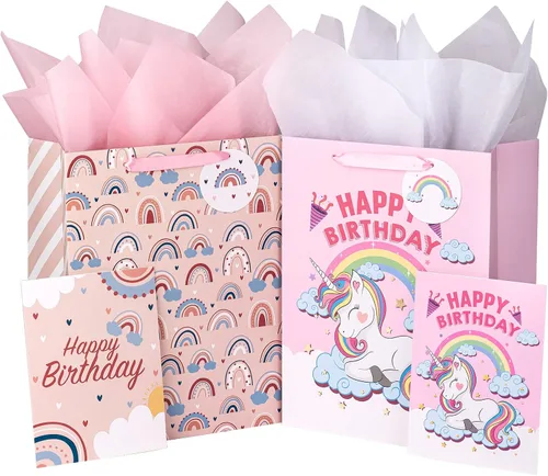 WRAPAHOLIC Bolsas grandes de regalo de cumpleaños de 13 pulgadas con tarjeta y papel de seda, paquete de 2 para cumpleaños de niños y niñas,