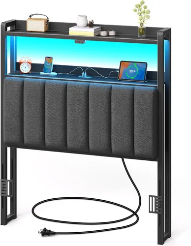 Rolanstar Cabecera para cama de tamaño individual con almacenamiento, 60,000 colores de luz LED, tablero principal con puerto USB y tipo C, altura