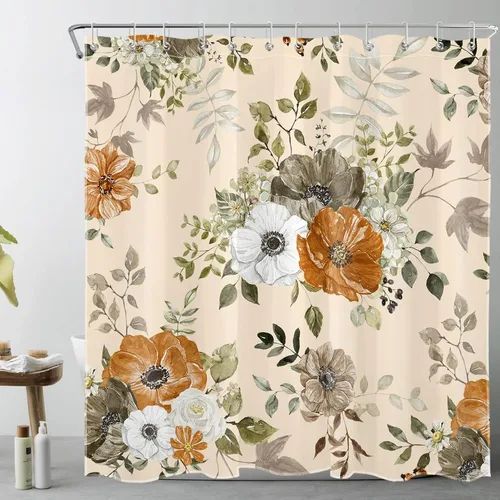 Miniatura 14 de LB Cortina de ducha floral de otoño, flores silvestres blancas y naranjas y hojas de arce gris sobre tela beige con ganchos, juego de baño botánico