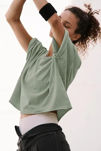 Miniatura 3 de Camisetas cortas extragrandes de entrenamiento de para mujer, estilo informal, de manga corta, hombros caídos, con dobladillo enrollado, básicas